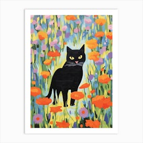 Cute Black Cat Painting In A Field Of Flowers Art Print