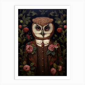 Owl Portrait With Rustic Flowers 2 Art Print