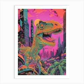 Neon Dinosaur Cityscape Portrait Art Print