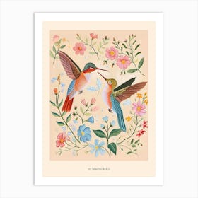 Folksy Floral Animal Drawing Hummingbird Poster Art Print