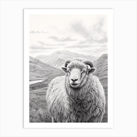 Black & White Illustration Of Highland Sheep With The Valley In The Distance 3 Art Print