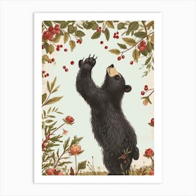 American Black Bear Standing And Reaching For Berries Storybook Illustration 3 Art Print