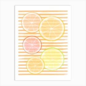 Lemon Slices On Striped Background Art Print