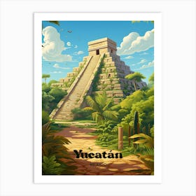 Yucatan Mexico Mayan Pyramid Travel Illustration Art Print