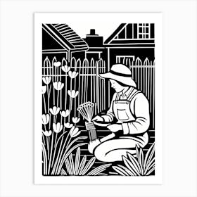 Gardening Linocut Black And White Painting, in to the garden, garden Art Print