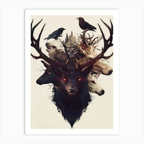 Deer And Crows Art Print