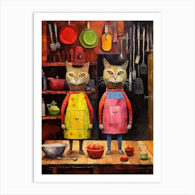 Two Cats With Aprons In A Kitchen Art Print