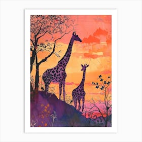 Two Giraffes At Sunset Purple 1 Art Print