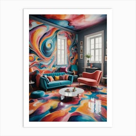 Distorted Dimensions of Domesticity Colorful Living Room Art Print