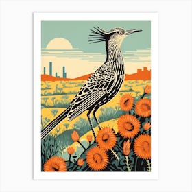 Vintage Bird Linocut Roadrunner 1 Art Print