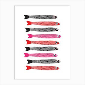 ANCHOVIES Retro Swimming Fish Horizontal in Black Fuchsia Pink and Red on White Art Print