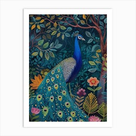 Folky Floral Peacock At Night 1 Art Print