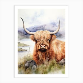 Highland Cow By The Lake Watercolour Art Print