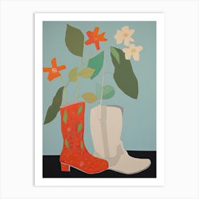 A Painting Of Cowboy Boots With Red Flowers, Pop Art Style 3 Art Print