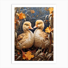 Floral Ornamental Ducks In The Cattail 3 Art Print