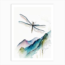Dragonfly Flying Across Mountains Minimalist Watercolour 1 Art Print