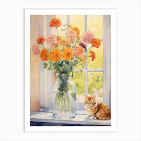Cat With Daises Flowers Watercolor Mothers Day Valentines 1 Art Print