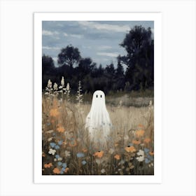 Cute Bedsheet Ghost In Flower Landscape Vintage Style, Halloween Spooky 2 Art Print