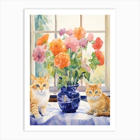 Cat With Ranunculus Flowers Watercolor Mothers Day Valentines 3 Art Print
