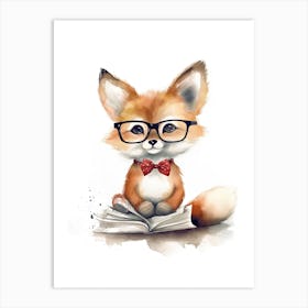 Smart Baby Fox Wearing Glasses Watercolour Illustration 1 Art Print