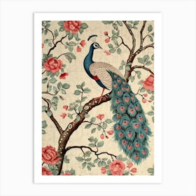 Cream & Floral Vintage Peacock Wallpaper 1 Art Print