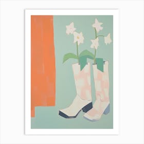 A Painting Of Cowboy Boots With Daisies Flowers, Pop Art Style 4 Art Print