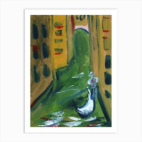 Venice painting artwork hand painted italy gondola gondolier vertical green channel street Art Print