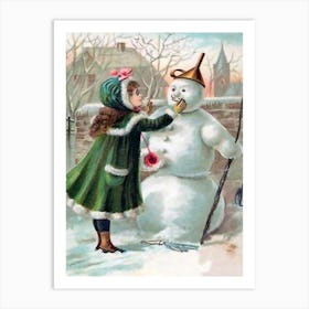 Little Posh Girl Making A Snowman Art Print