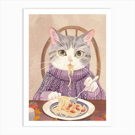 Grey White Cat Eating Pasta Folk Illustration 2 Art Print
