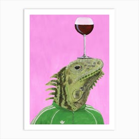 Iguana With Wineglass Pink & Green Art Print