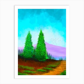 Landscape Scenario Scenic Vista Panorama Horizon Design Illustration Environment Tree Path Mountain Sky Clouds Exterior Nature Green Blue The Forest Art Print