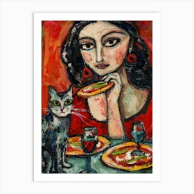 Portrait Of A Woman With Cats Eating Pizza 4 Art Print