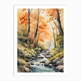 Watercolor Of A Stream In Autumn Art Print