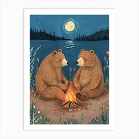 Two Sloth Bears Sitting Together By A Campfire Storybook Illustration 4 Art Print