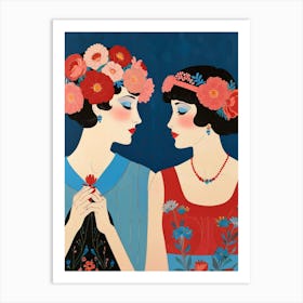 Two Women With Flowers Art Print