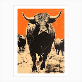 Highland Cattle, Woodblock Animal Drawing 2 Art Print