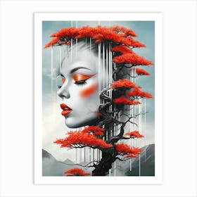 Abstract Surreal Portrait with Red Bonsai Tree Art Print