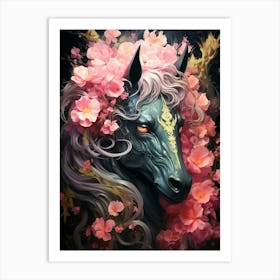 Floral Fantasy Black Horse Art Print