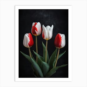 Red And White Tulips On A Dark Background Art Print