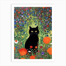 Flower Garden And A Black Cat, Inspired By Klimt 2 Art Print