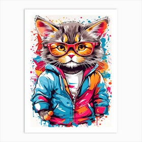 Full Color Cute Cat Wearing Jacket And Glasses Art Print