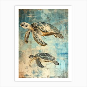 Two Sea Turtles Swimming Textured Collage Art Print