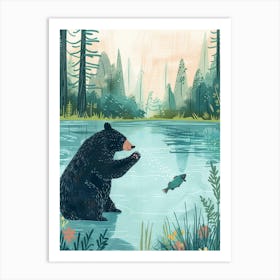 American Black Bear Catching Fish In A Tranquil Lake Storybook Illustration 3 Art Print