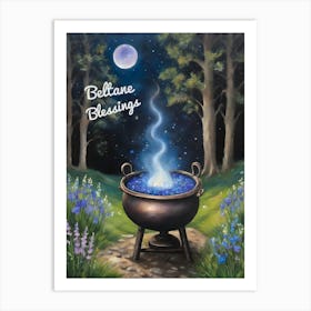 Beltane Blessings Cauldron by Sarah Valentine ~ Full Moon Herbs Crystals Magick Bluebells Art Print