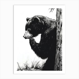 Malayan Sun Bear Scratching Its Back Against A Tree Ink Illustration 4 Art Print