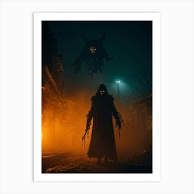 Amid A Chilling Night Draped With Eerie Mist A Daemon Manifests In A Haunting Silhouette Lost In A (1) Art Print