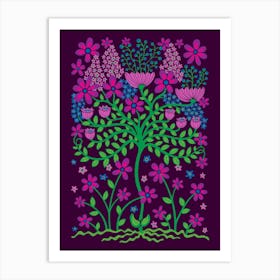 FLOWER BURST Vintage Cottage Floral Botanical in Pink Purple Kelly Green on Deep Purple Art Print