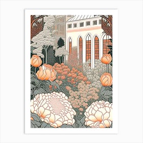 Courtyard With Peonies Orange And Pink 3 Drawing Art Print