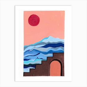 Red Sunrise Vintage Painting. Art Print