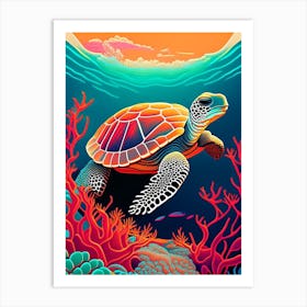 A Single Sea Turtle In Coral Reef, Sea Turtle Retro 1 Art Print